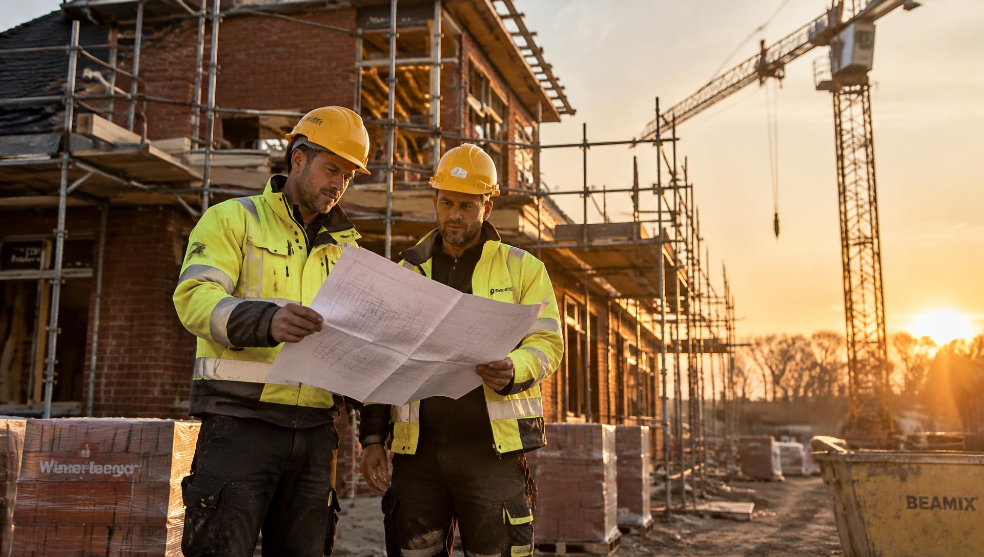 Vakmensen van NBD Bouw bespreken de bouwtekening op de bouwplaats